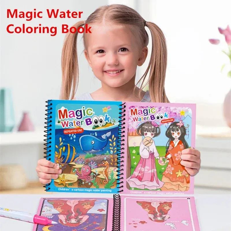 Magic Water Book – Reusable Painting & Drawing Coloring Book with Magic Water Pen for Kids