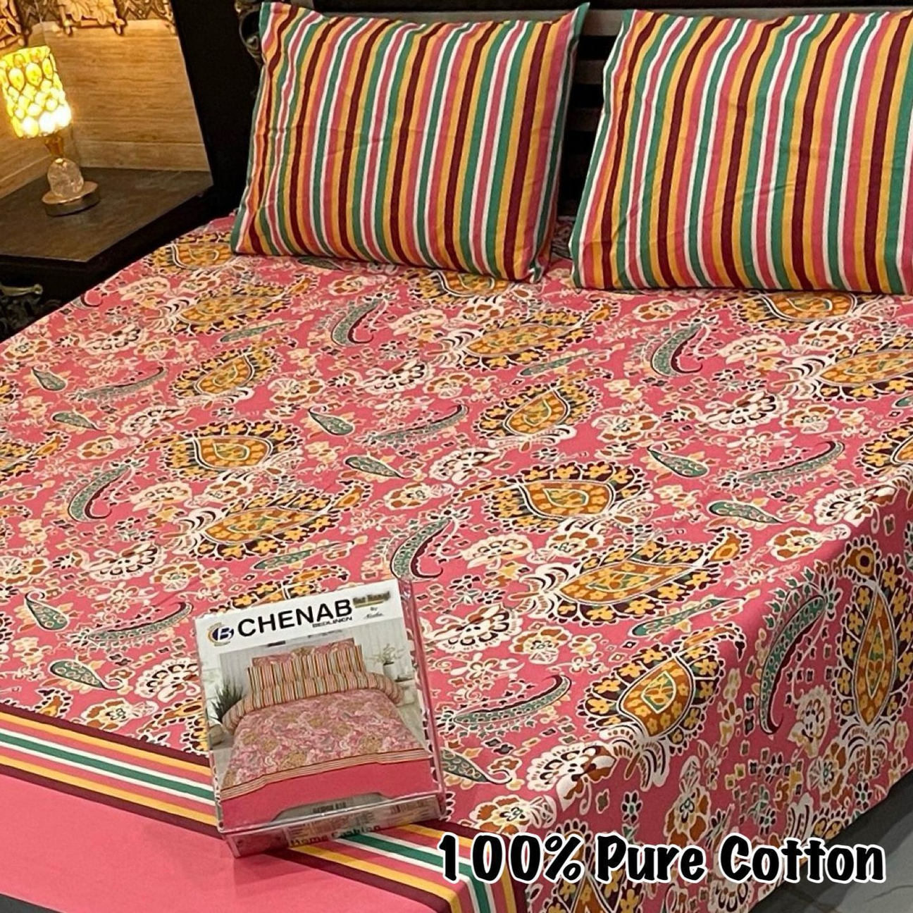 Chenab 100% Pure Cotton Bed Sheet Set With stylish Purple and Gray Pattern 00123