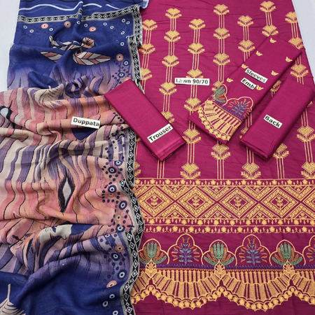 Mix Brands 3-Piece Embroidered Lawn Suit | Diamond Digital Dupatta | Premium Quality