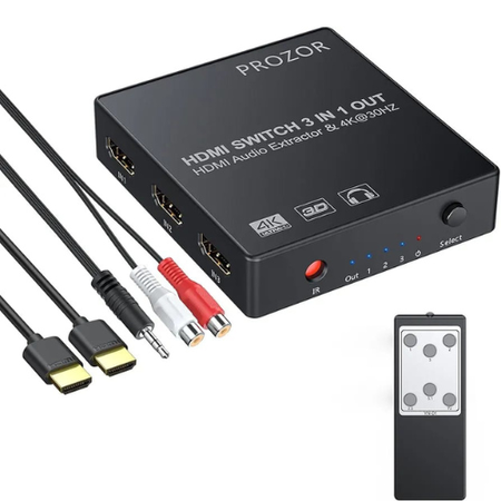 Prozor 3-in-1 HDMI Switch with Audio Extractor – 4K UHD, 3D Support, Remote Control