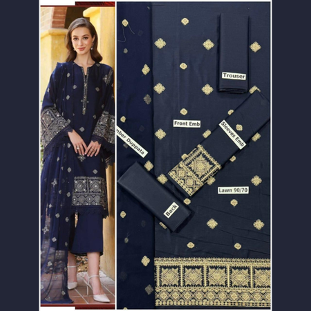 Elevate your summer style with this premium embroidered lawn suit featuring a graceful voile dupatta, detailed sleeve and daman work, and a soft dyed trouser — perfect for every festive or casual occasion.