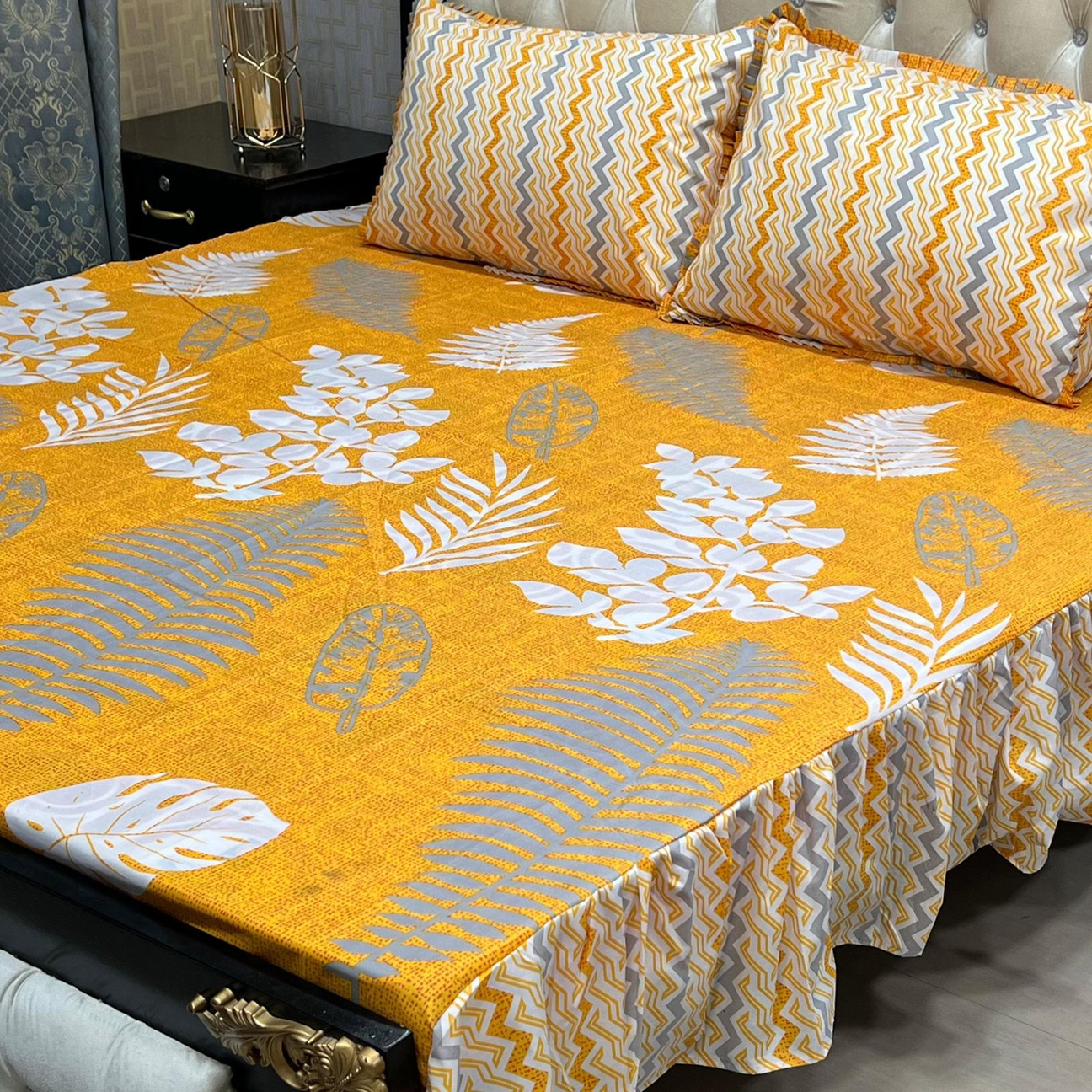 Yellow & Grey Botanical Print Frill King Size Bed Sheet Set