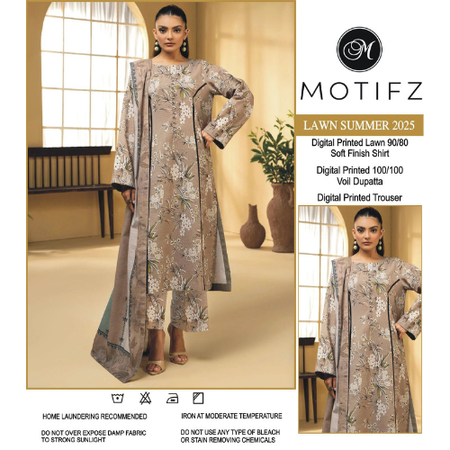 Light Taupe Beige Zari Lawn Suit 3PC Unstitched Summer Eid Collection 2025 by MOTIFZ Premium Lawn with Voile Dupatta