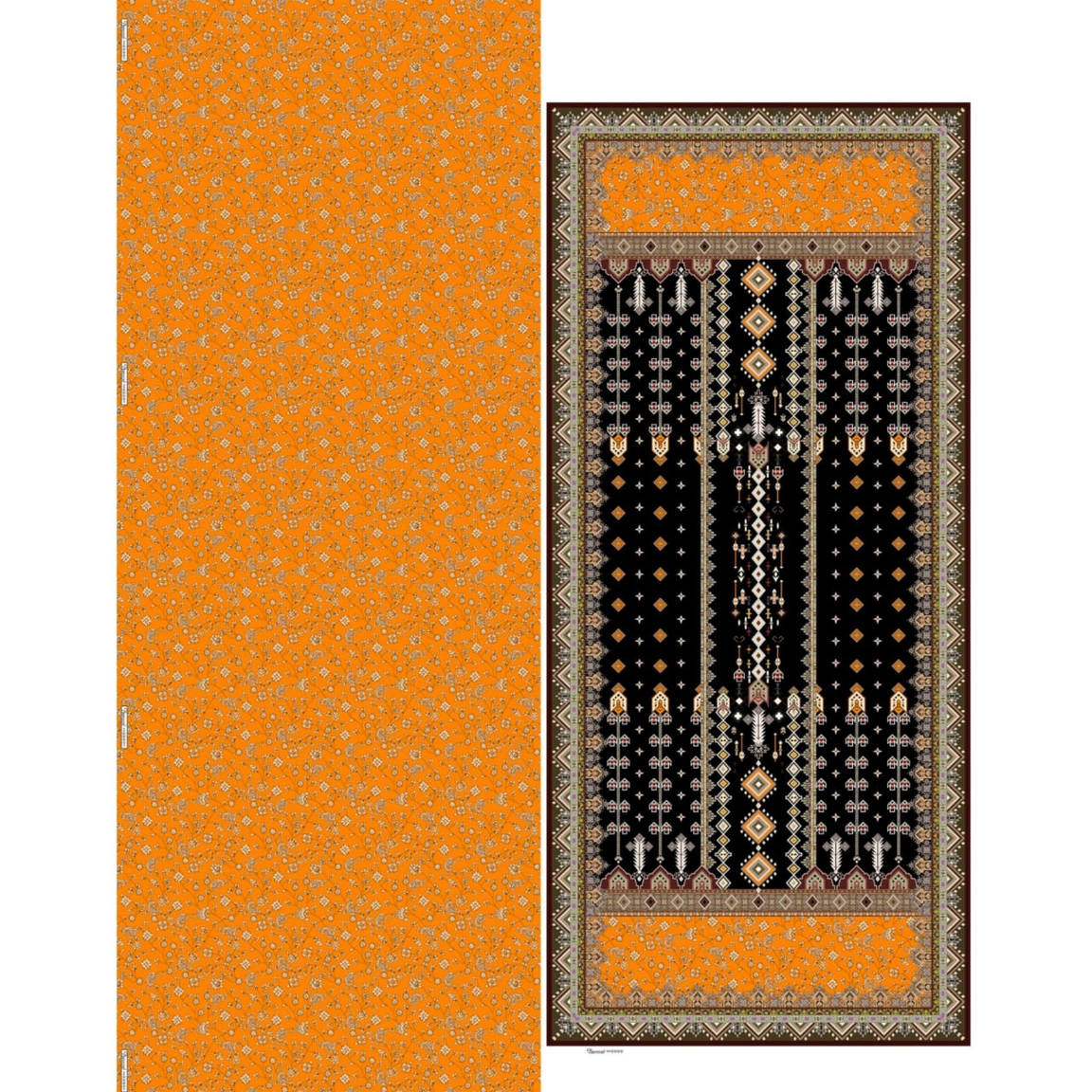Bareeze Lawn 3-Piece Suit Allover – Vibrant Orange & Black Floral Print Fabric with Printed voil dupatta with border, VOL#01 - 2007