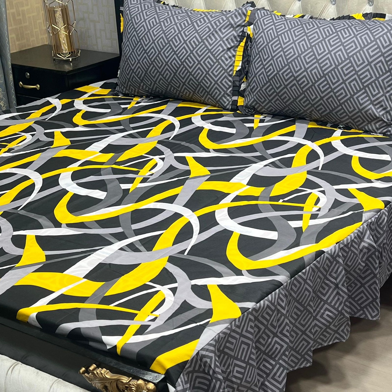 Modern Abstract & Geometric 3-Piece Frill Bedsheet Set - Black, Yellow & Grey