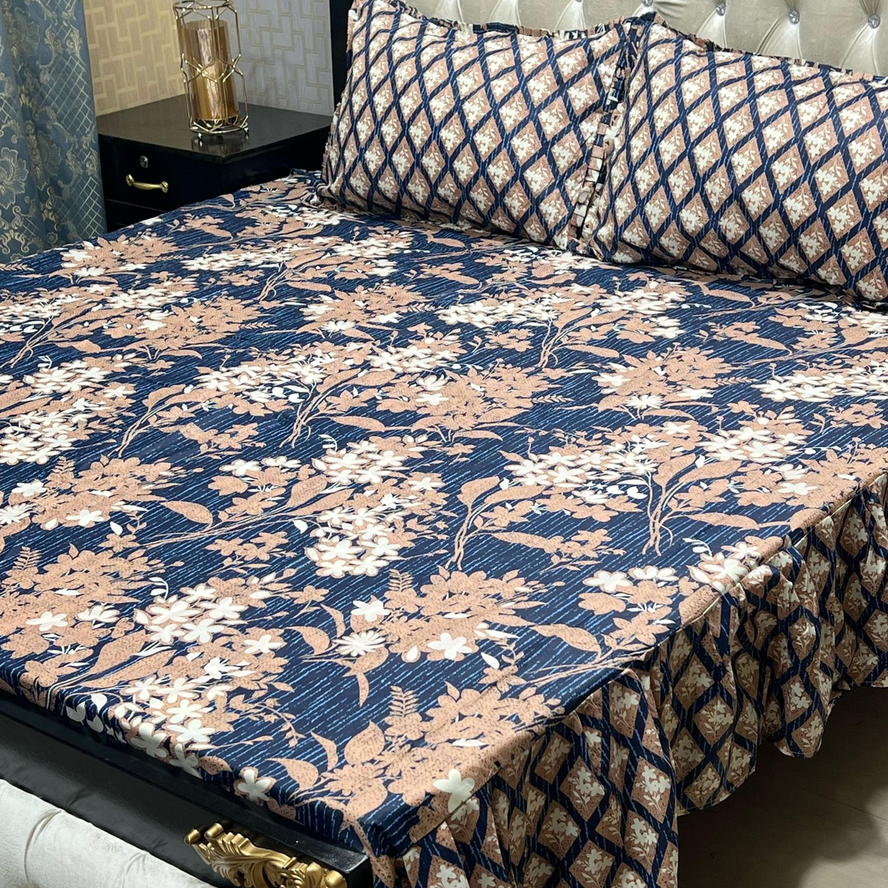 Exquisite King Size Frill Bedsheet Set - Navy & Rose Gold Floral Jacquard