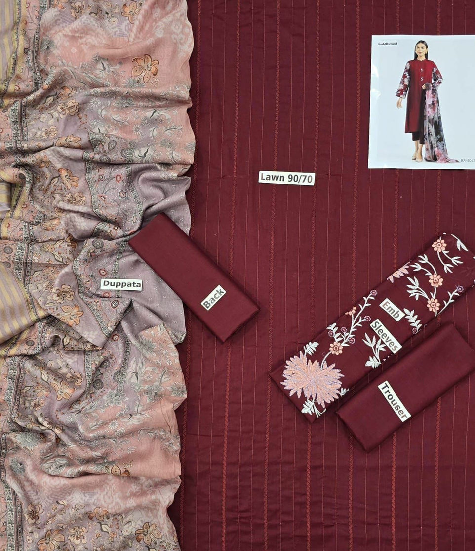 Unstitched Lawn 90/70 Embroidered Suit with Printed Dupatta