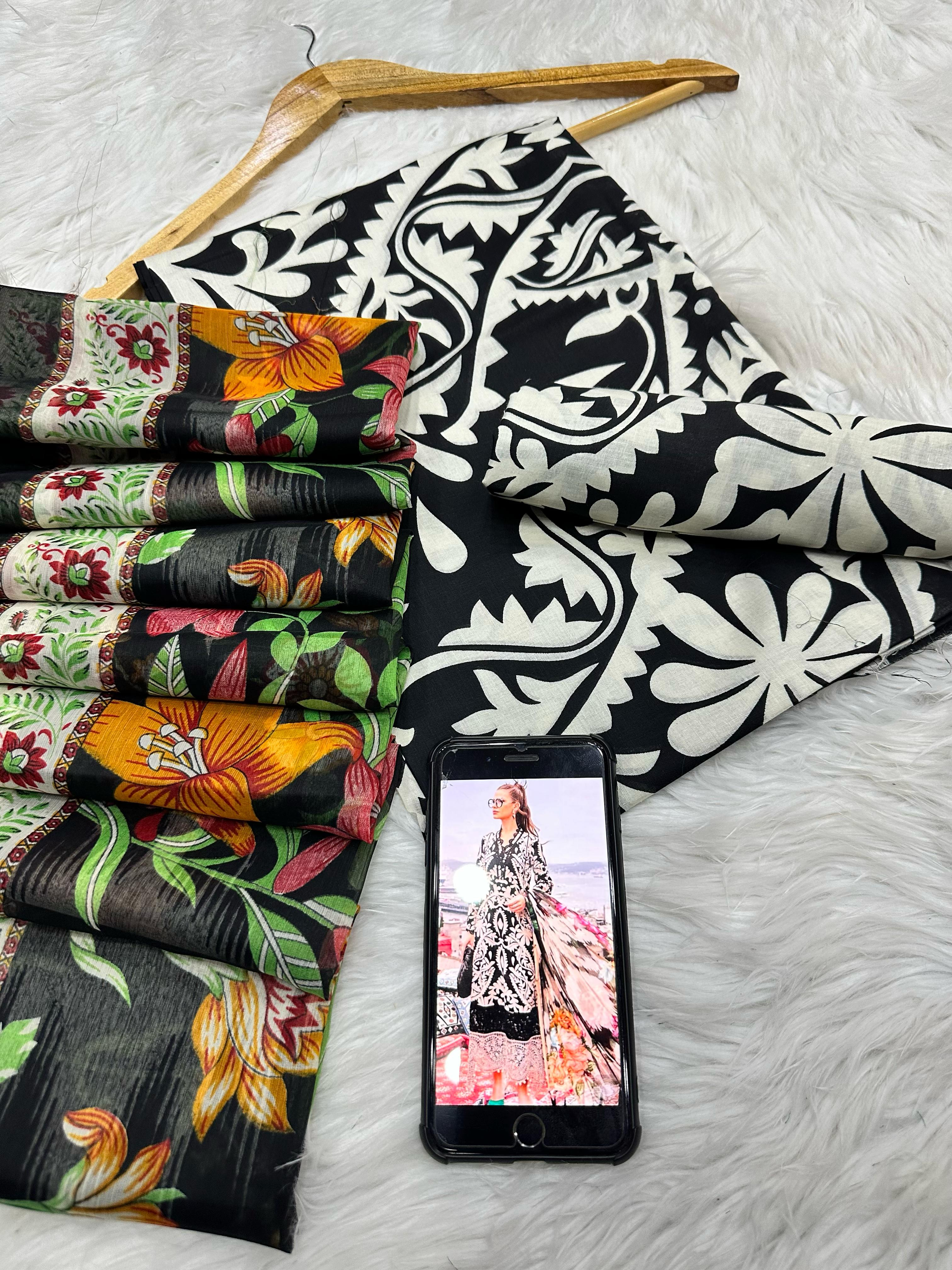 Maria B Lawn 3PC Suit - Black & White Floral Print