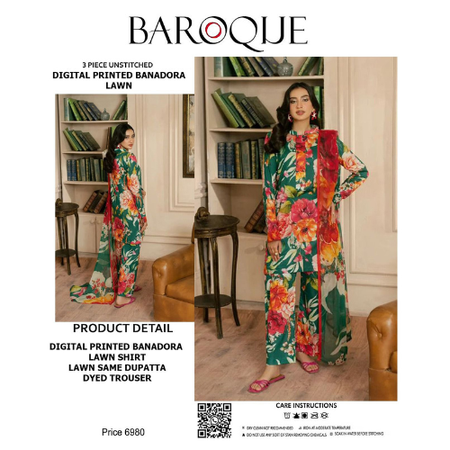 Multi Bana Doria 3Piece Lawn Suit BAROQUE Digital Printed Collection Premium Unstitched Fabric Set