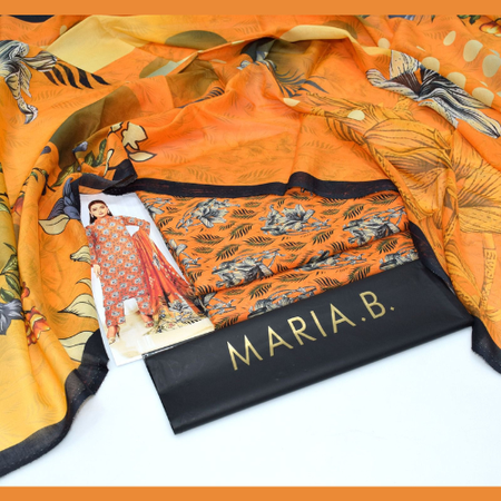 Stylish MARIA.B Original Lawn Suit – Digital Printed Shirt with Printed Trouser & Voil Dupatta – High Quality Summer Wear.