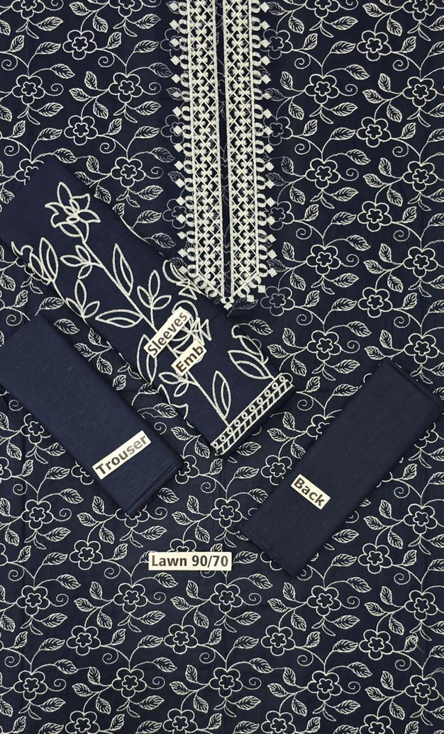3-Piece Lawn 90/70 Embroidered Suit - Navy Blue with White Floral Embroidery