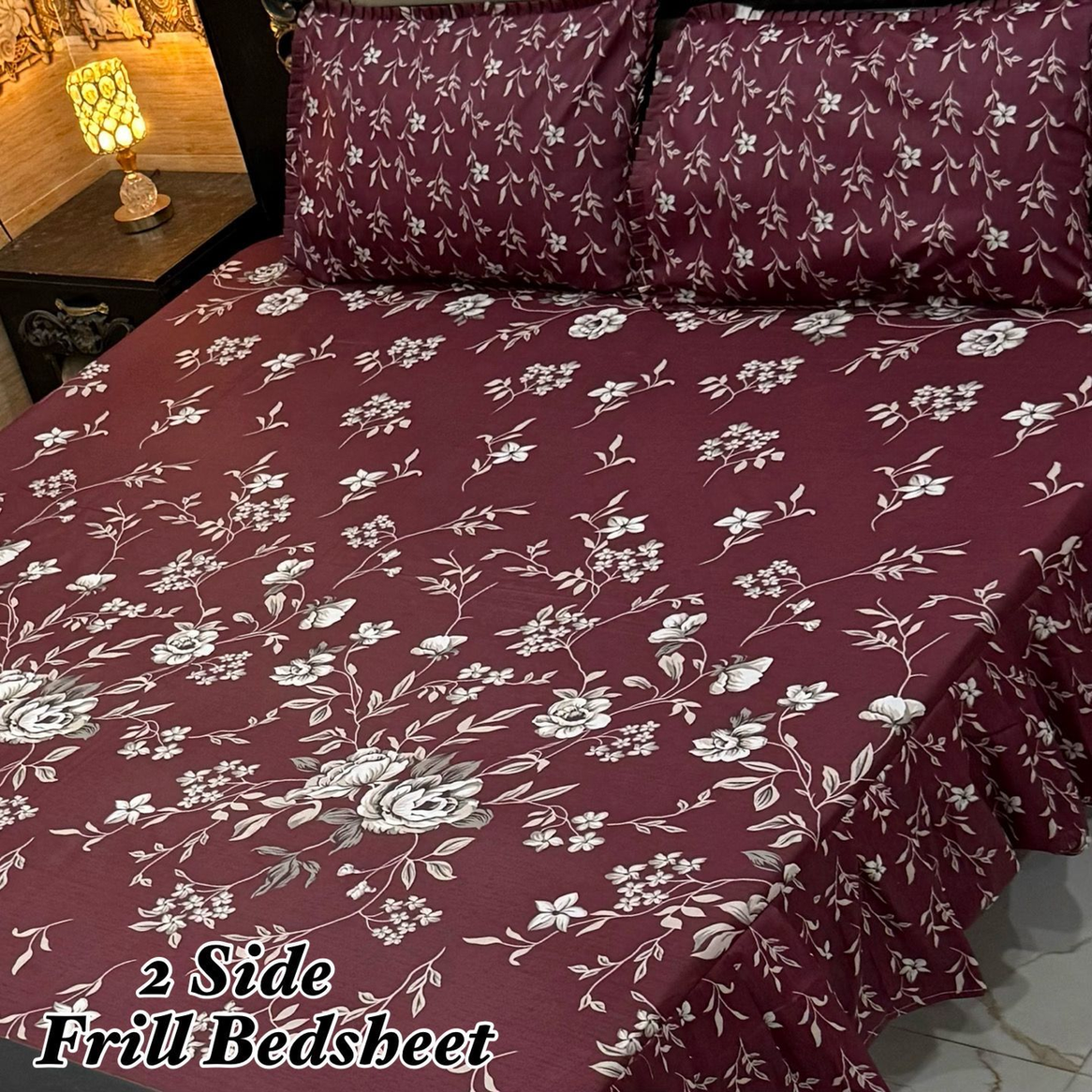 Elegant Floral Frill Bedsheet - Maroon & White