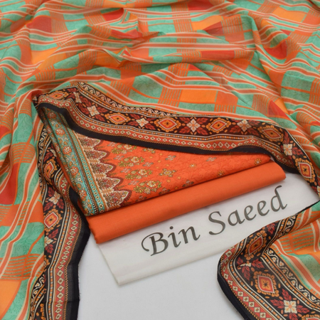 Bin Saeed 2025 Premium Printed Lawn 3PC Suit – Stunning Shirt, Voile Dupatta & Dyed Trouser | Elegant Designs & Guaranteed Quality.