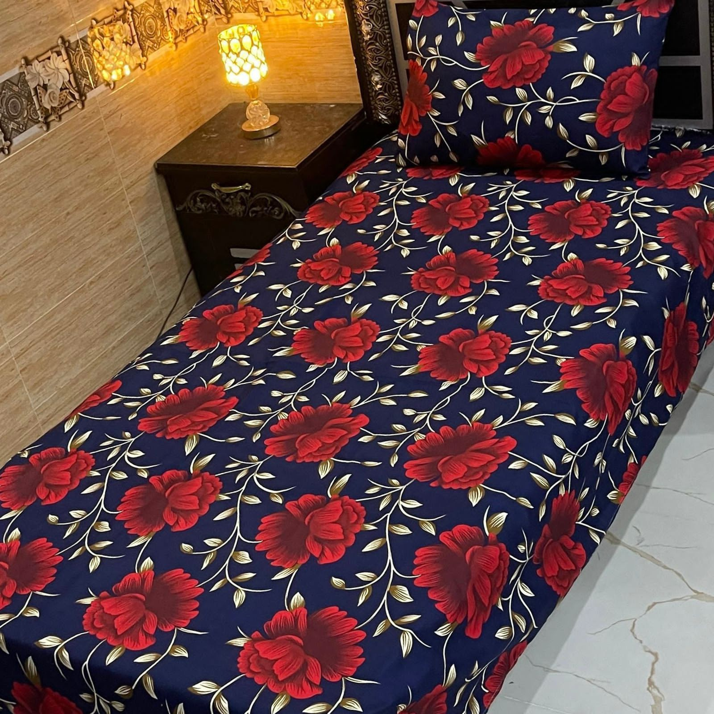 Premium 4Pc Crystal Cotton Bedsheet Set – Midnight Blue with Red Floral Design | Soft & Durable Single Bed Sheets