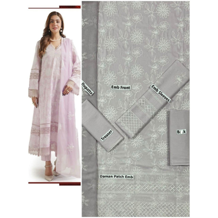 Elegant Summer Embroidered Lawn Suit with Voile Dupatta and Dyed Trouser – 3 Piece Premium Unstitched Collection.