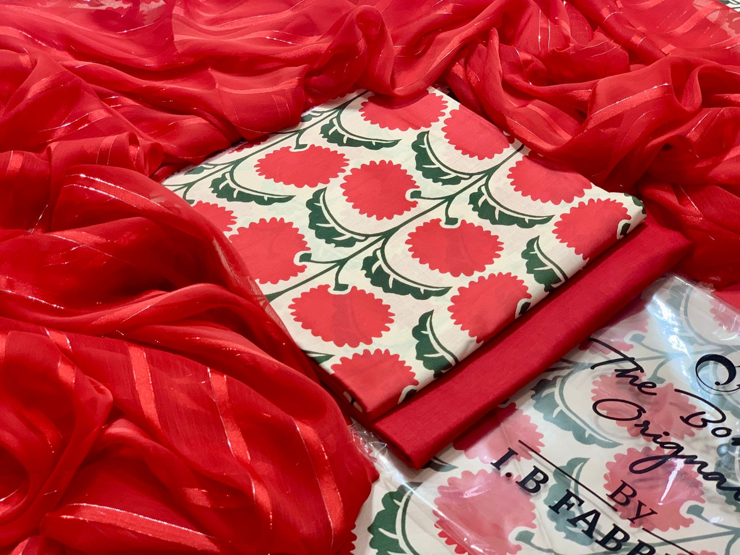 Vibrant Red Floral Printed Suit with Matching Chiffon Dupatta - I.B. Fabrics Original Design