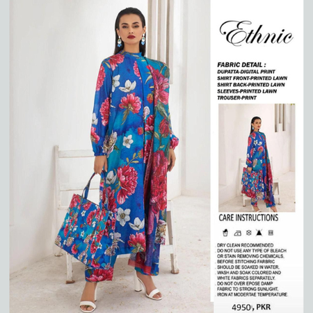 ETHNIC Digital Printed Airjet Lawn 3Pc Summer Collection – Volume with Stamped Fabric
