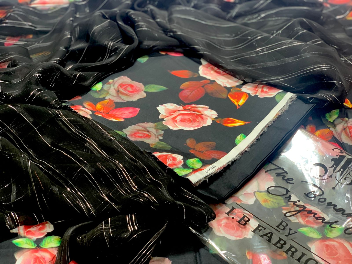 Striking Black Floral Printed Suit with Striped Chiffon Dupatta - I.B. Fabrics Original Design