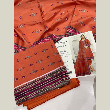 Orange Digital Printed 3pc Lawn Suit – Maheen Prints Summer Collection with Lawn Dupatta, Cambric Dyed Trouser & Premium Bag Packing
