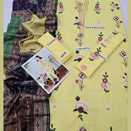 Elegant Embroidered Lawn Suit with Designer Dupatta and Trouser Patch – Premium 3PC Summer Collection.