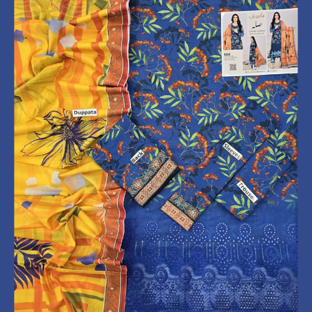 Redefine Summer Fashion with MAHPOSH Vol 2 – 3PC Embroidered Lawn Suit Featuring Artistic Appliqué, Printed Voil Dupatta & 100-100 Fabric.