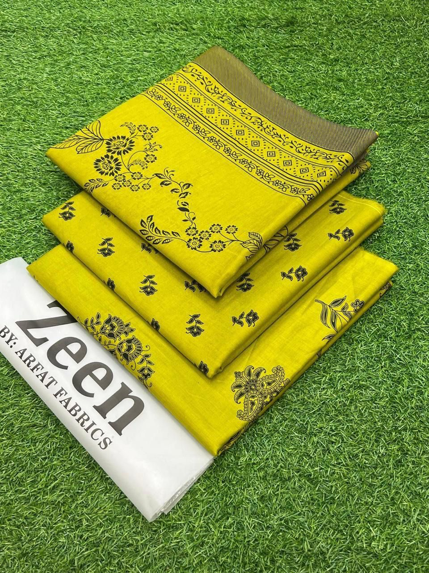 Zeen by Arfat Fabrics: Vibrant Yellow Printed Lawn Suit with Black Floral & Geometric Patterns – Unstitched Summer Collection