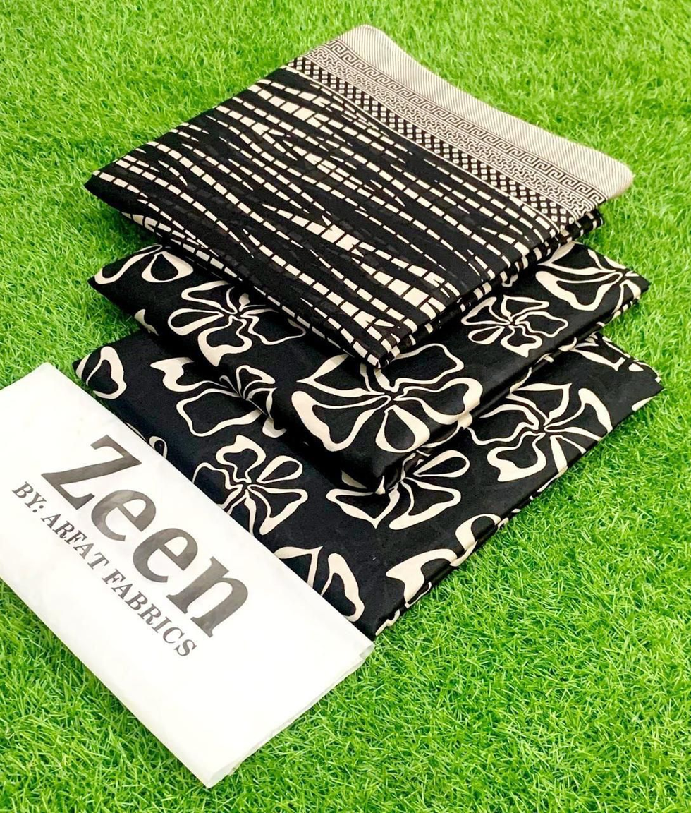 Zeen by Arfat Fabrics: Bold Black & White Printed Lawn Suit with Geometric and Abstract Floral Designs – Zeen 3PC Summer Collection