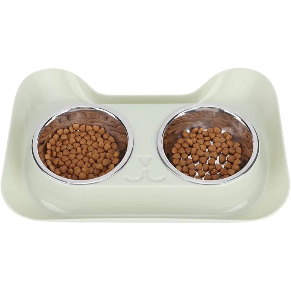 Dual Stainless Steel Cat Bowl with Non-Slip Tray – Food & Water Feeder