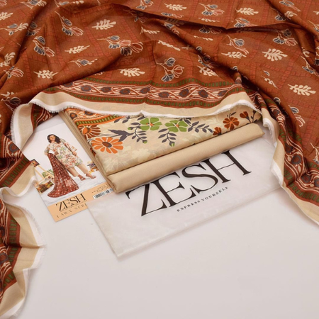 Premium 3PC Digital Lawn Suit with Printed Trouser & Voile Dupatta – Summer Wear Perfection from ZESH.
