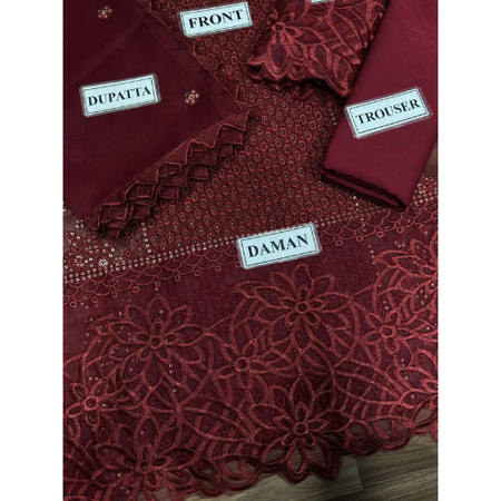 Crimson Luxury Embroidered 3-Piece Suit – Chikan Kari Front with Embroidered Chiffon Dupatta and Malai Trouser