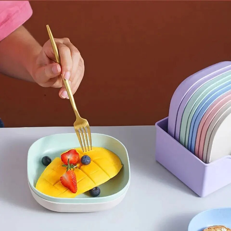 Pastel Pop 10-Piece Square Plate Set with Organizer - Lightweight & Versatile Dinnerware/ Snacks / Breakfast Plate with Stand Rendom Colors