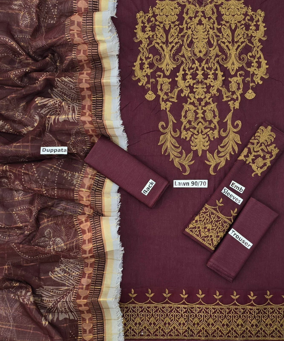 Unstitched Lawn 90/70 Embroidered Suit with Printed Dupatta