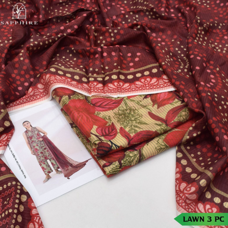 DARK BROWN SAPPHIRE 3Piece Summer Eid Collection Zari Effect Lawn Suit with Voile Dupatta & Printed Trouser