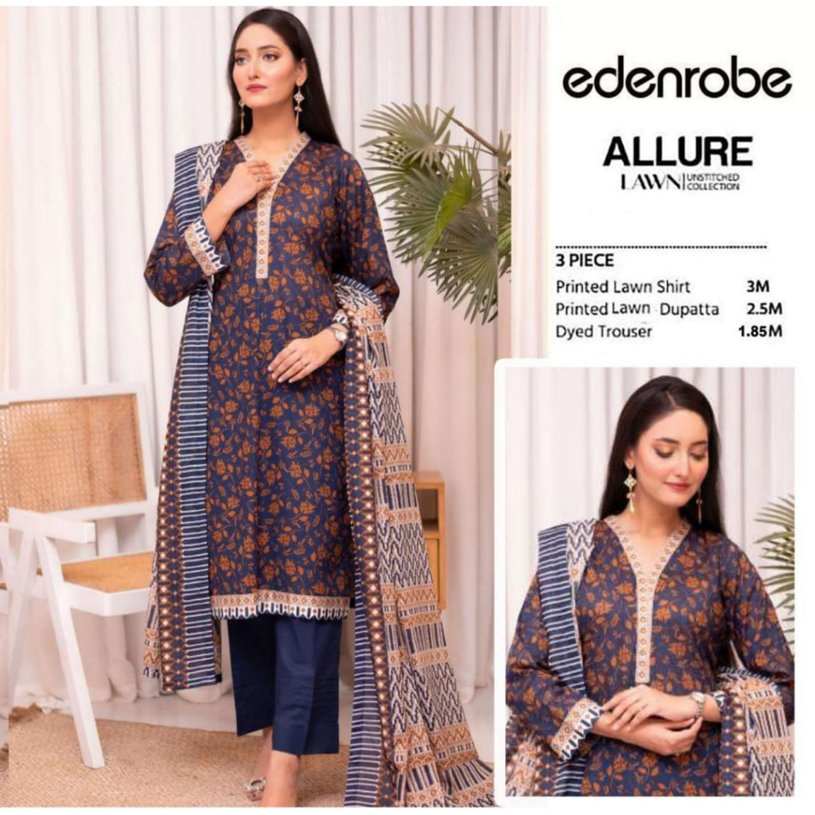 Edenrobe Allure Summer Collection – Navy Blue & Rust Floral Print Fabric 3-Piece Suit with Printed Dupatta-1008