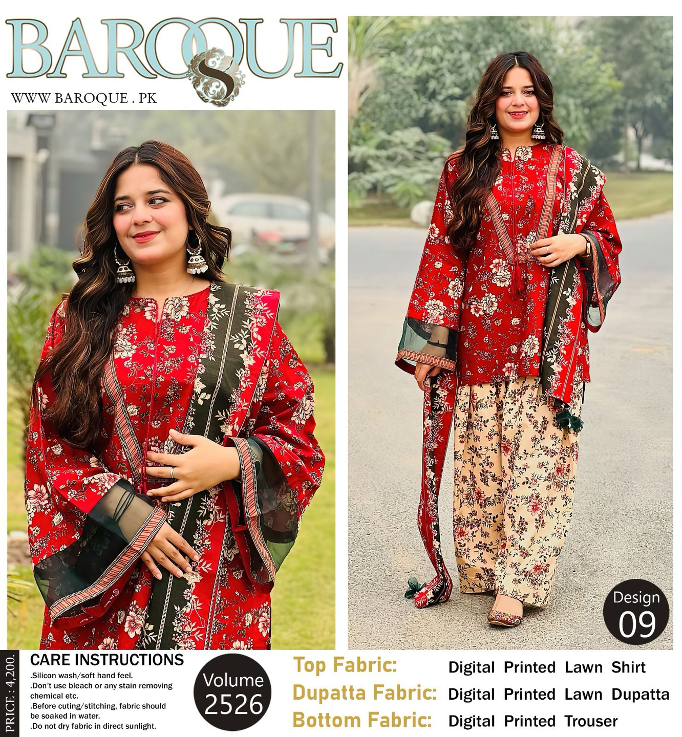 Baroque Coral & Multi-Floral Digital Print Lawn Suit - Unstitched 3-Piece Summer Collection BRQ-005 Vol-2526