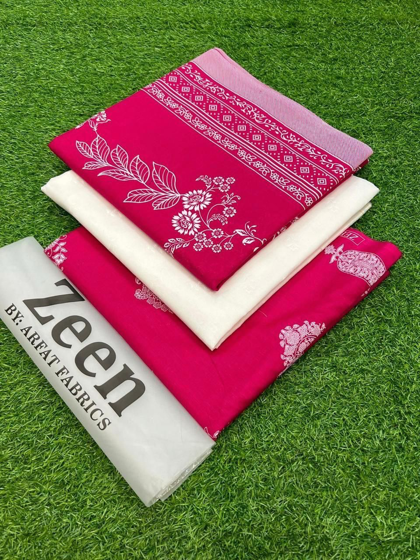 Zeen by Arfat Fabrics: Dazzling Magenta Printed Lawn Suit with Crisp White Floral Motifs – Unstitched Summer Ensemble