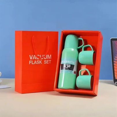 3-in-1 Stainless Steel Vacuum Flask Set - Portable Insulated Drinkware with 3 Cups & Gift Box (Random Color)