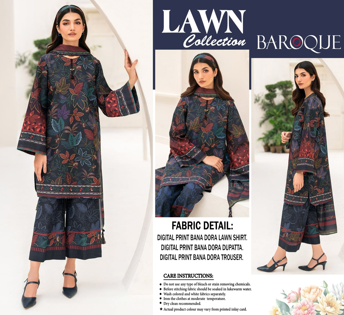 BAROQUE 3PC Summer Casual Collection Premium Lawn Bana Dora 90/88 Digital Printed Elegance