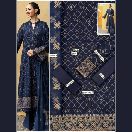 Luxury Embroidered Lawn 3 Piece Suit with Voile Dupatta – Elegant Summer Collection by Bareeza