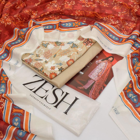 Luxury Digital Printed Lawn 3PC Suit with Voile Dupatta & Printed Trouser – Elegant Summer Wear by ZESH Collection