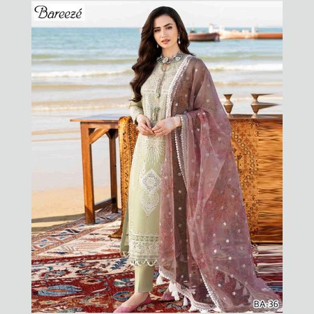 Bareeze Chickenkari Banadora Lawn Suit – 3-Piece Set with Embroidered Front & Sleeves | Bamber Printed Dupatta
