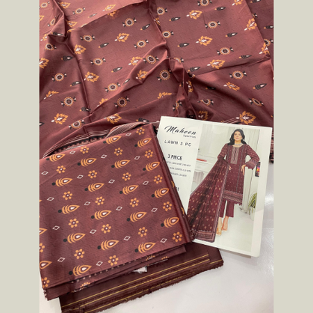 Deep Reddish-Brown Digital Printed 3pc Lawn Suit – Maheen Prints Summer Collection with Cambric Dyed Trouser, Printed Lawn Dupatta & Bag Packing