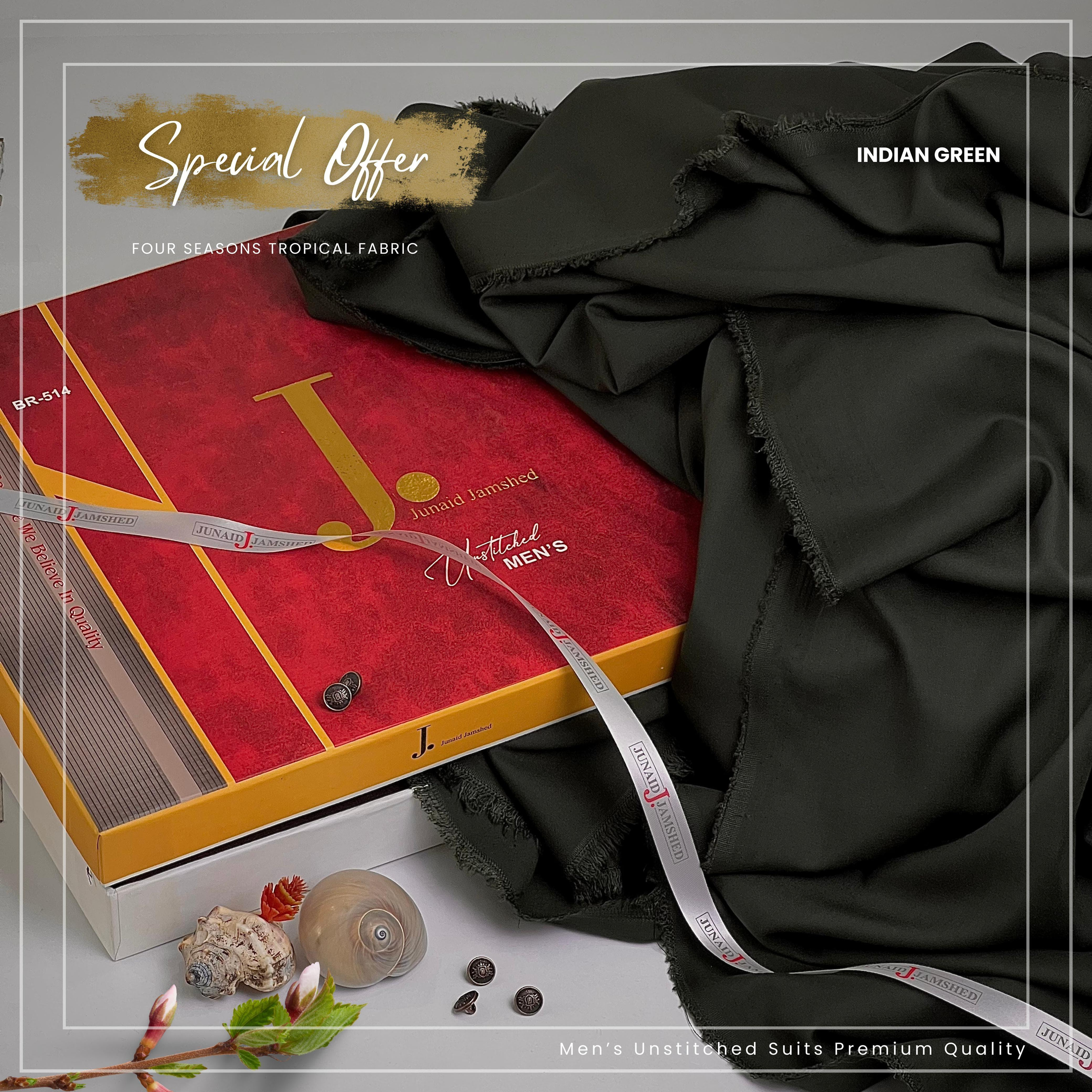 Junaid Jamshed Indian Green Tropical Fabric - Premium Unstitched Menswear 4 Season Tropical Fabric