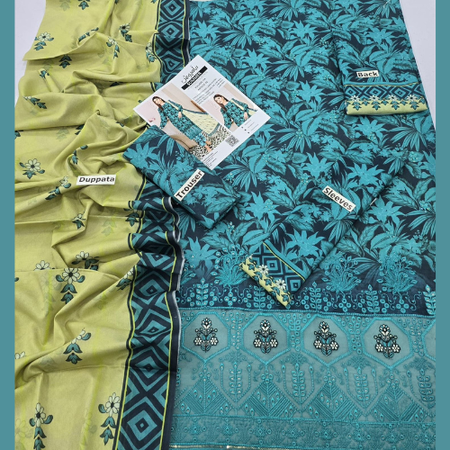 Gracefully Crafted MAHPOSH Vol 2 – Premium Lawn Embroidered 3PC Suit with Digital Print, Appliqué Work & Voil Dupatta | 100-100 Fabric.