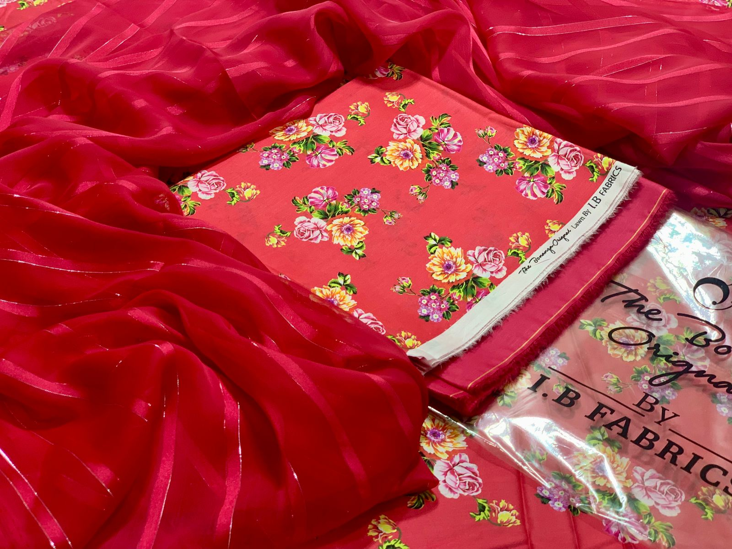 Bonanza Lawn red & White Abstract Digital Print 3-Piece Unstitched Suit with Striped Chiffon Dupatta