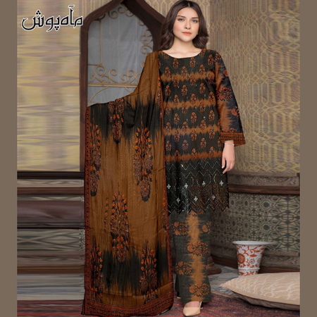 Gracefully Crafted MAHPOSH Vol 2 – Premium Lawn Embroidered 3PC Suit with Digital Print, Appliqué Work & Voil Dupatta | 100-100 Fabric.