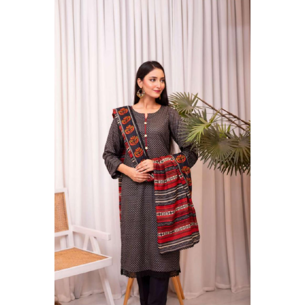 Edenrobe Allure Summer Collection – Elegant Black printed Shirt Fabric with Vibrant Red Printed Dupatta | 3-Piece Suit for Women-1006