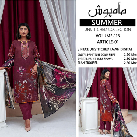 MAHPOSH 3PC Lawn Suit | Digital Printed Tube Doria Shirt & Shawl | Premium Summer Collection 2025.