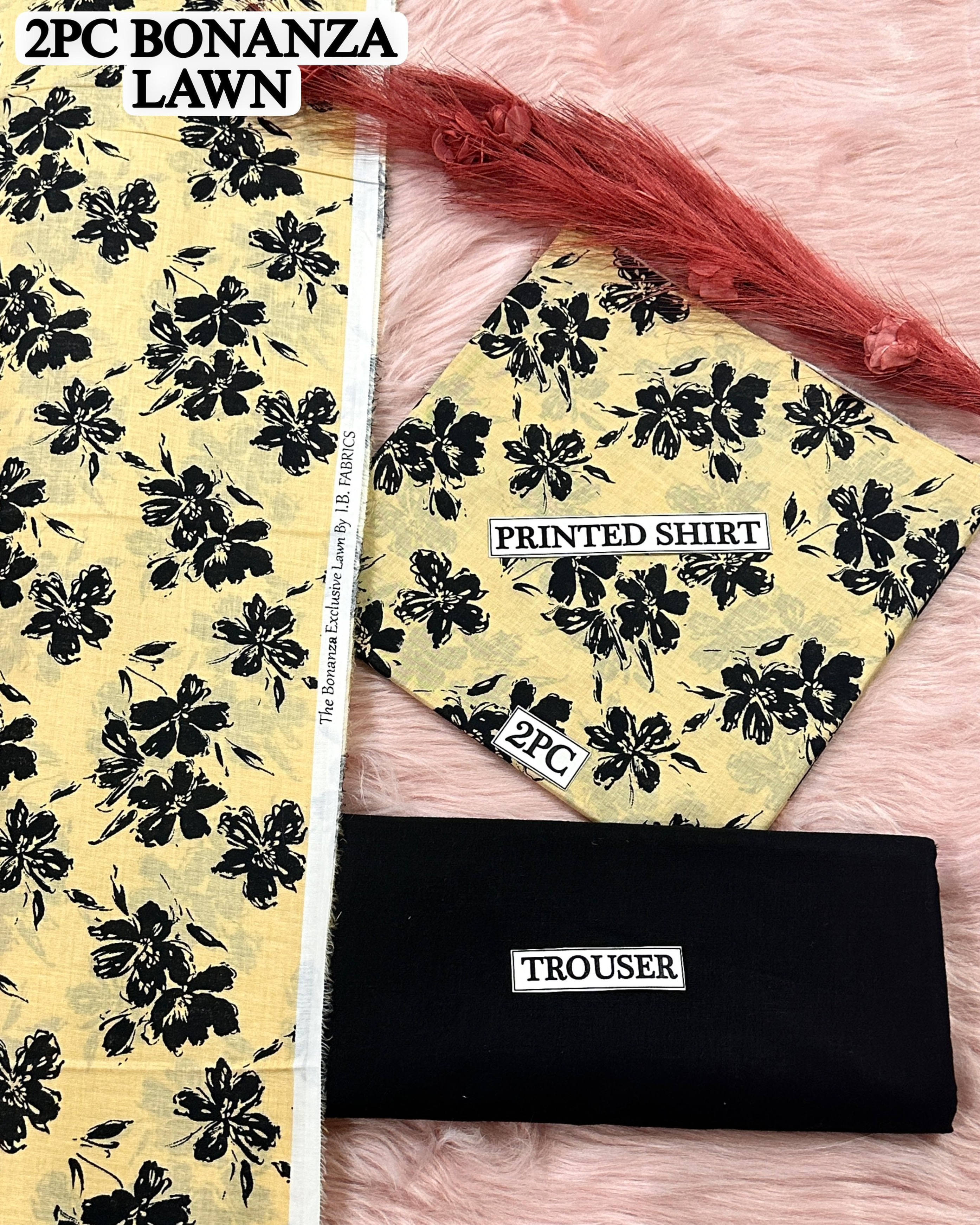 Premium 2Piece Unstitched Lawn Suit for Women BONANZA Collection in Light Yellow with Black Floral Print