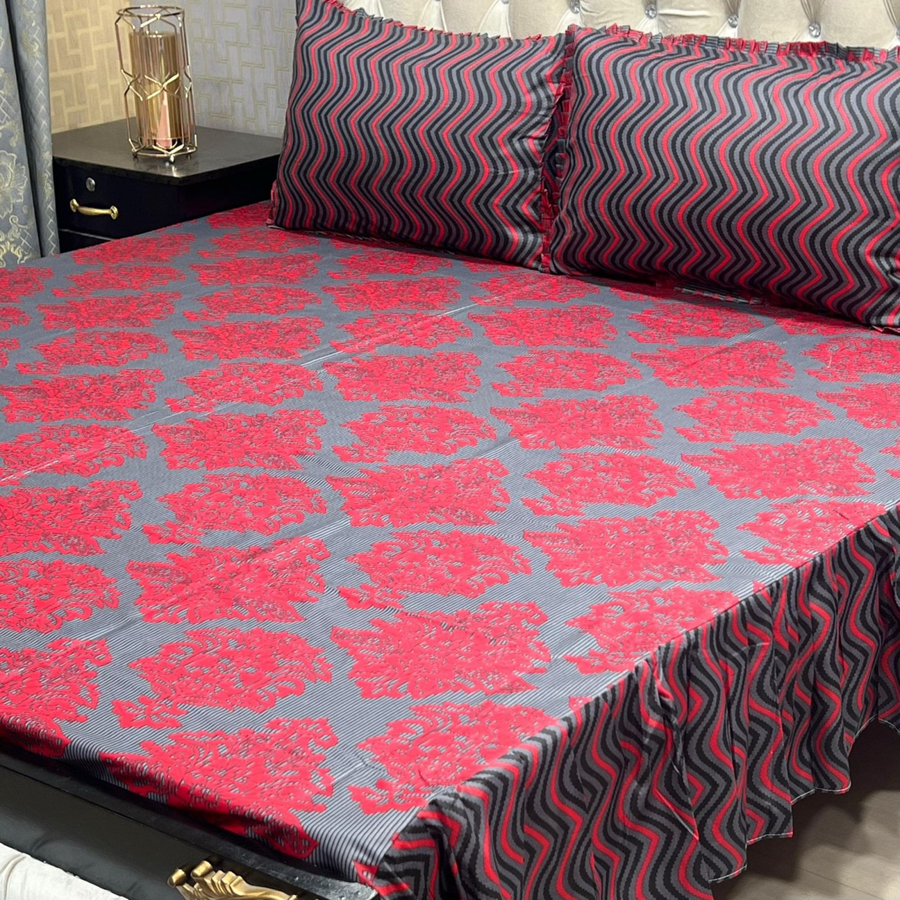 Bold Red Damask & Wavy Geometric 3-Piece Frill Bedsheet Set